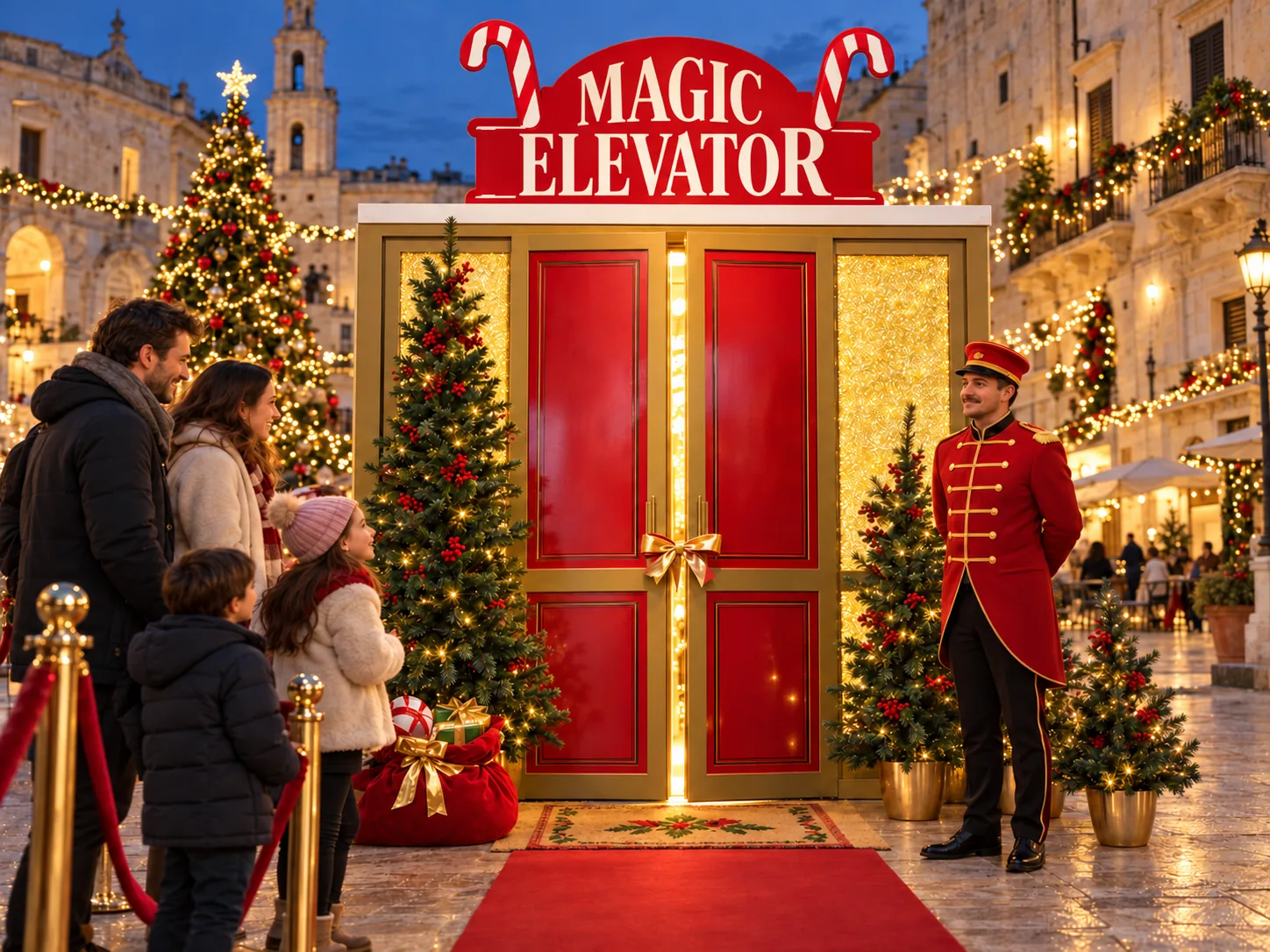 Il Magic Christmas Elevator con le porte rosse e oro