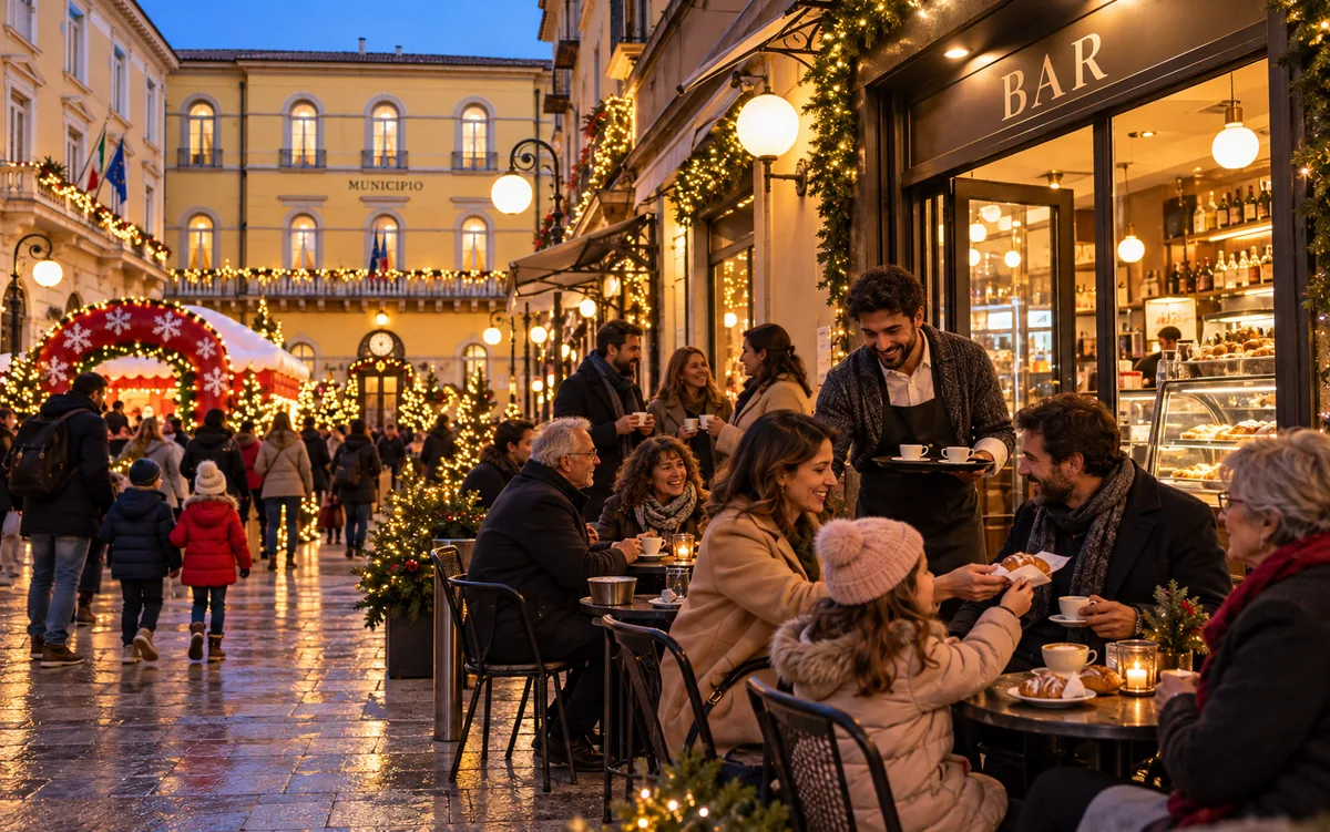 Il bar della piazza pieno durante l'evento natalizio