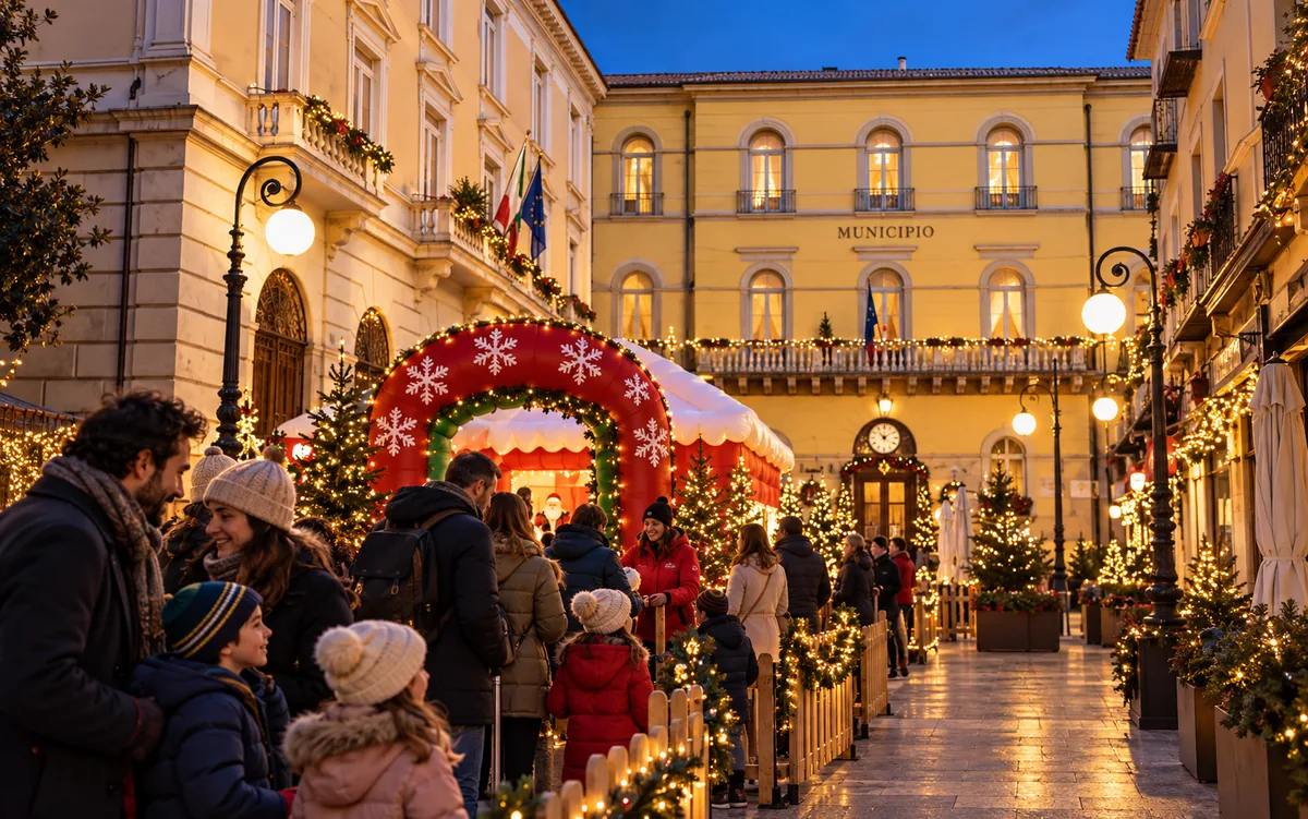 Famiglie davanti al villaggio natalizio in piazza